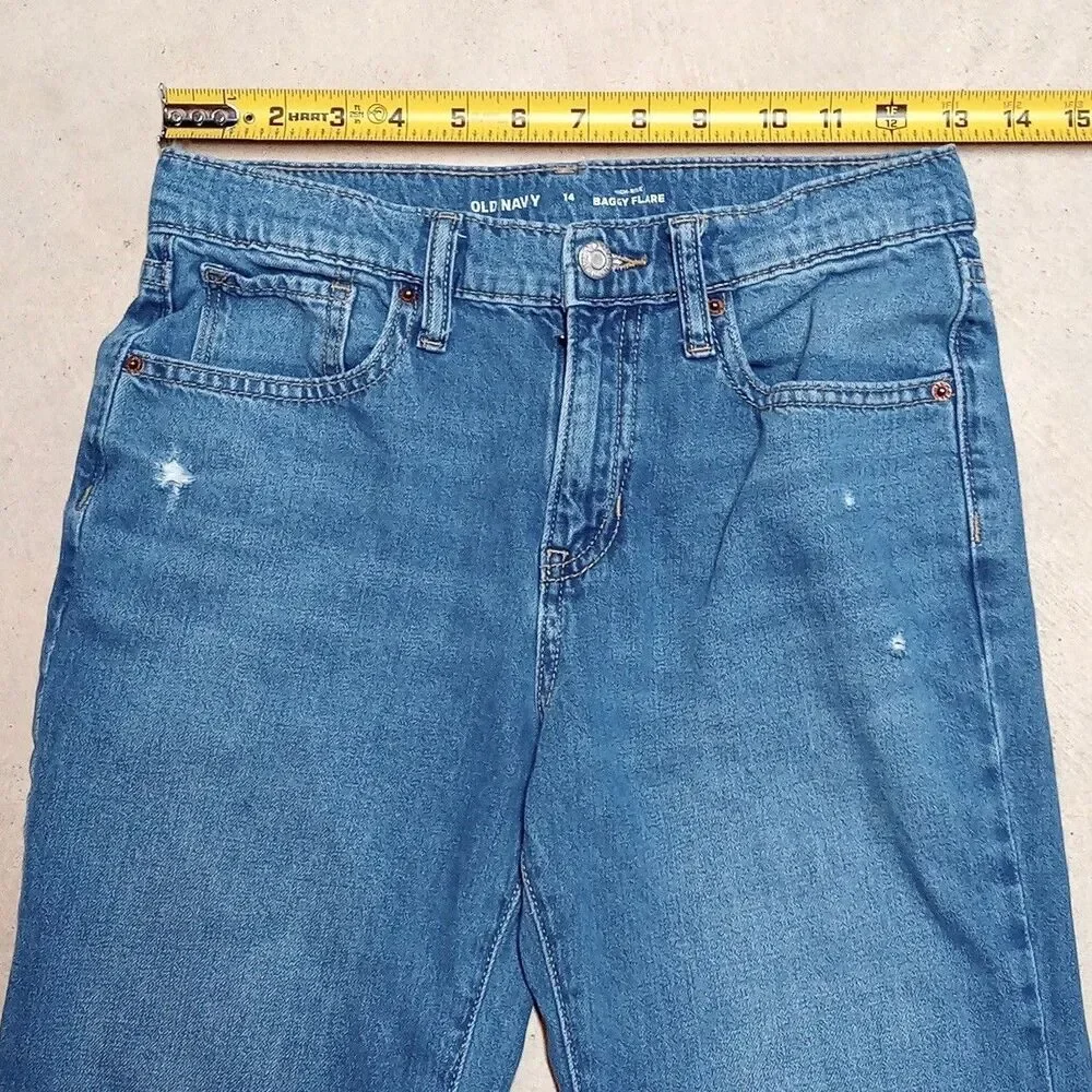 Old Navy High Rise Baggy Flare Distressed Denim Jeans Size 14 (26x27) Adjustable